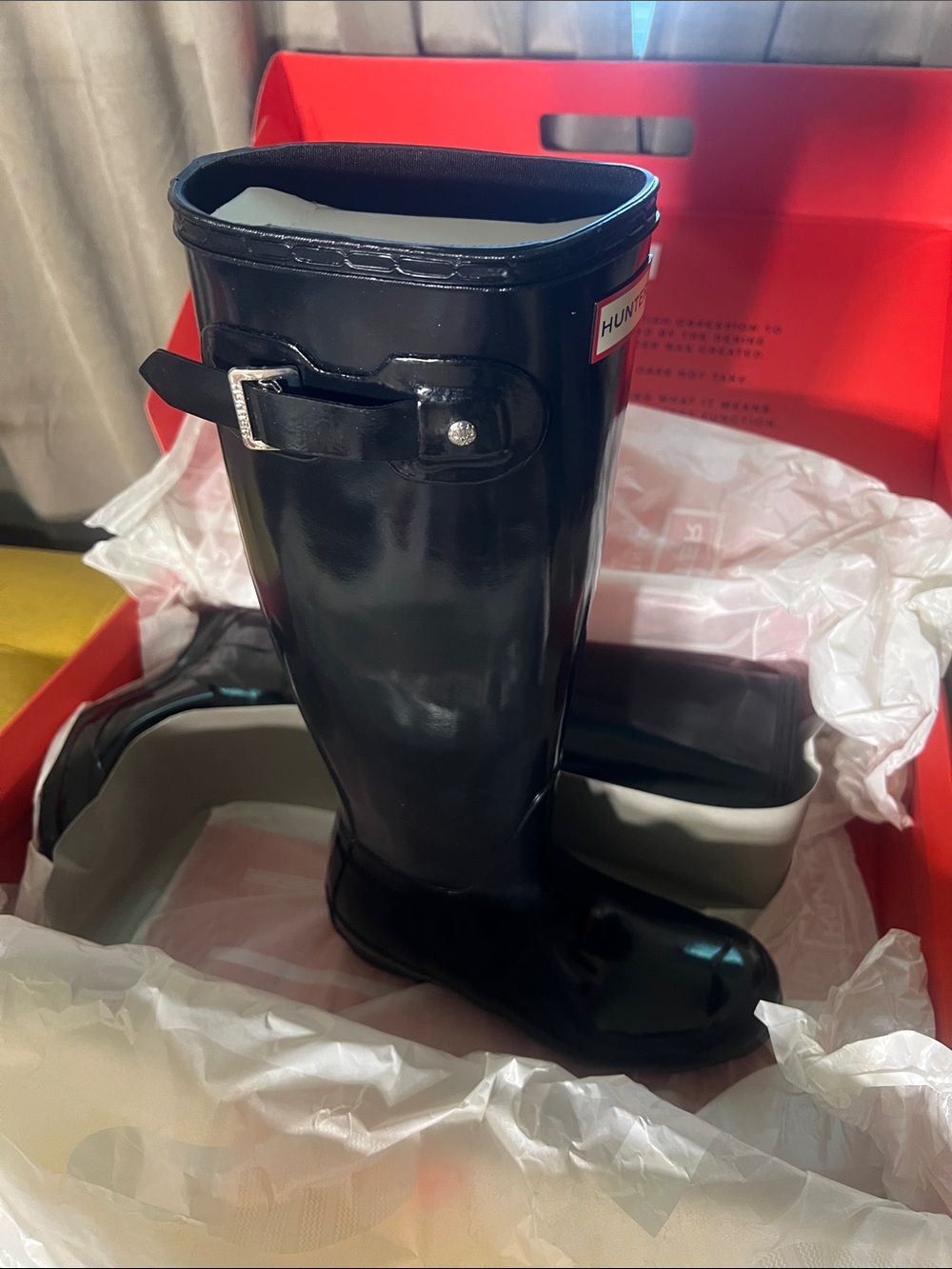 Hunter Black Gloss Knee-High Rain Boots with Side Buckle